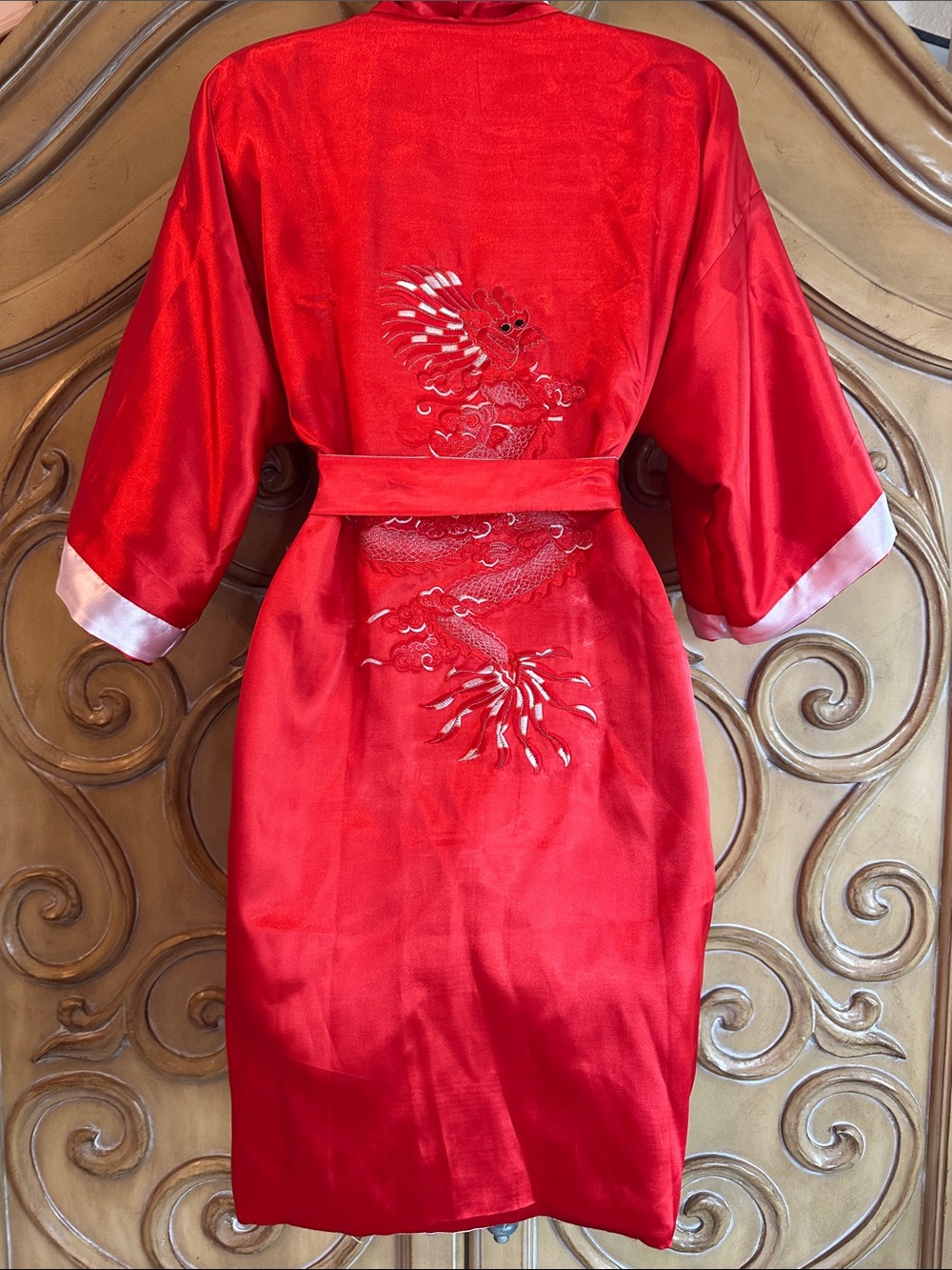 Satin Reversible Pink Kimono Robe with Red Trim and embroidered designs - Picture 3 of 13